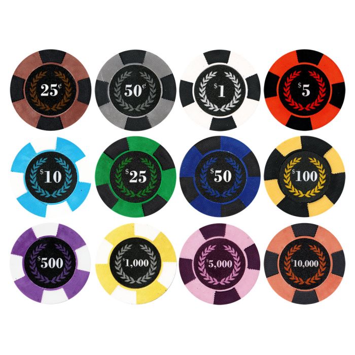 25pc 9.5g Roman Times True Clay Poker Chips (12 colors) - 25-ROMAN-TIMES