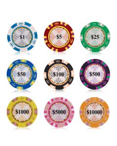 25pc 13.5g Monte Carlo Clay Poker Chips (9 colors) - 25-MONTECARLO