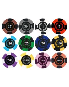 25pc 9.5g Roman Times True Clay Poker Chips (12 colors) - 25-ROMAN-TIMES