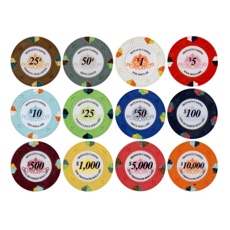 25pc 13.5g Monaco Casino Clay Poker Chips (12 colors) from