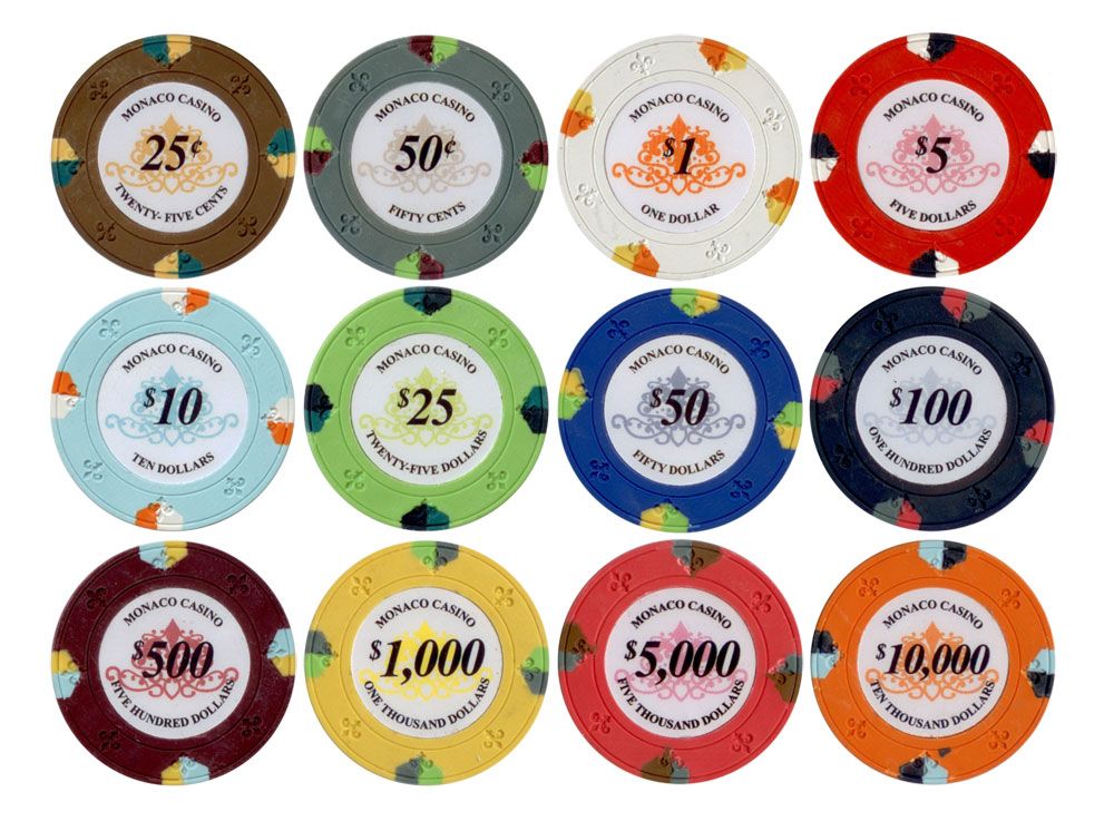 25pc 13.5g Monaco Casino Clay Poker Chips (12 colors) from