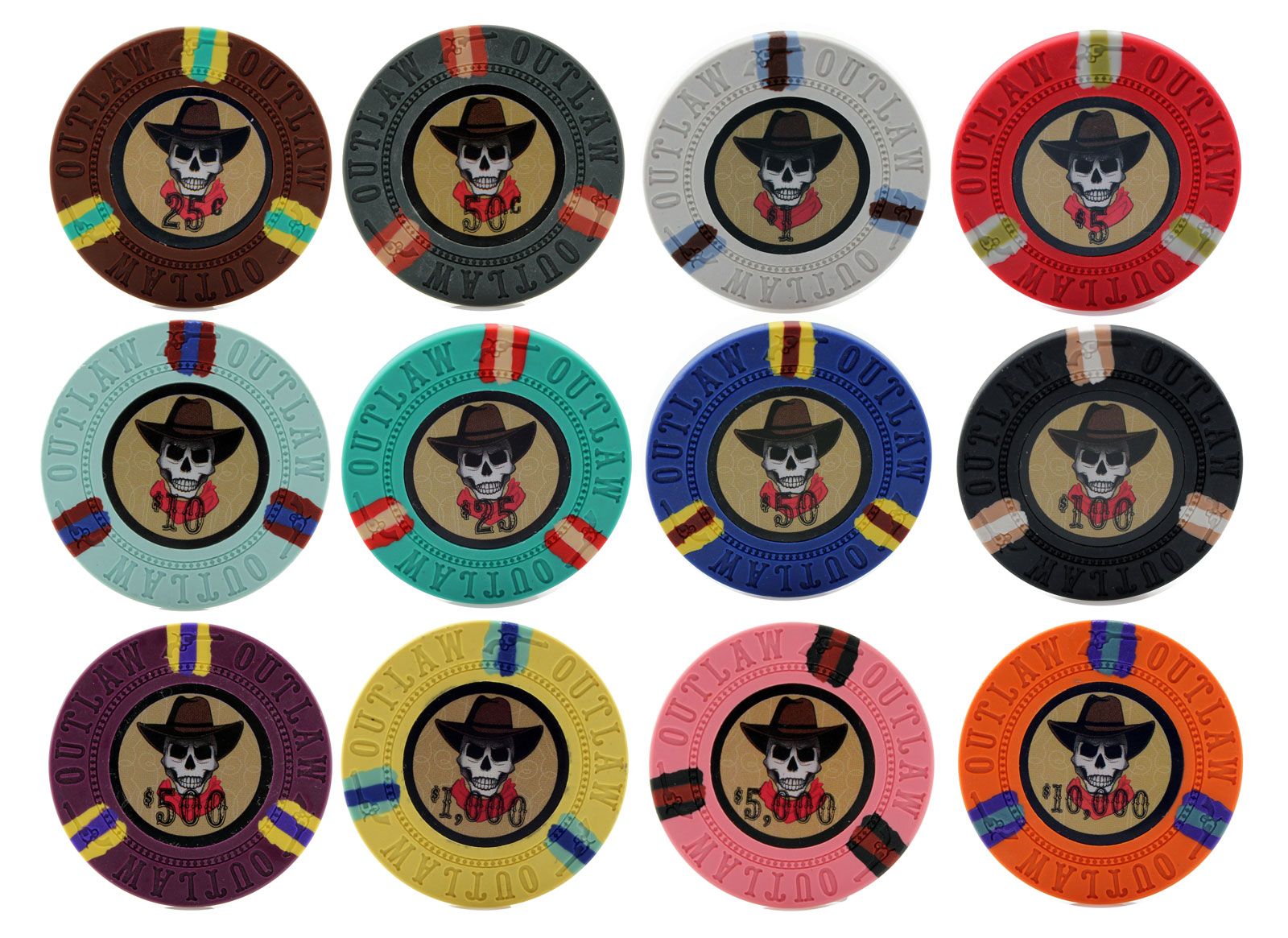 25pc 13g Outlaw Clay Poker Chips (12 Colors) from Discount Poker Shop