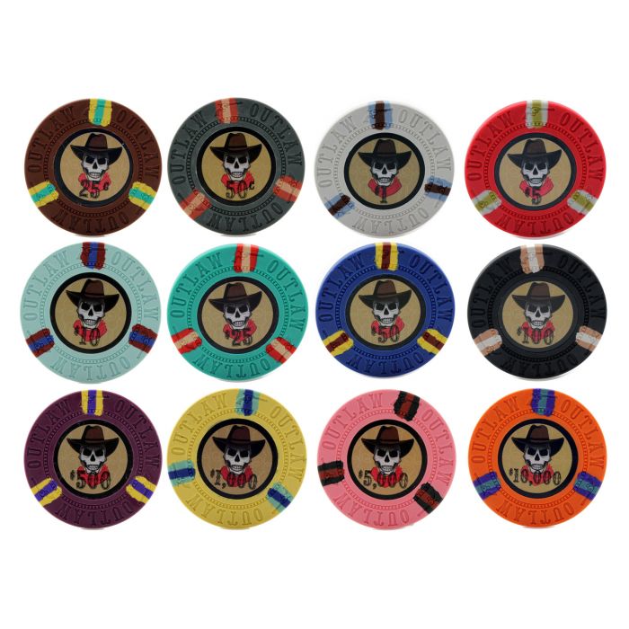 25pc 13g Outlaw Clay Poker Chips (12 Colors) - 25-Outlaw